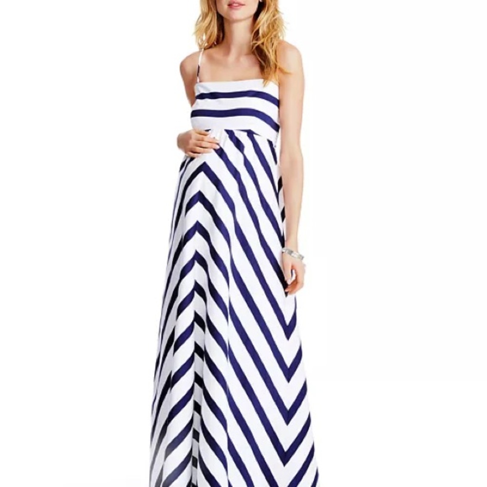 Jessica Simpson Maternity Navy and White Chevron Maxi Dress, Medium Petite